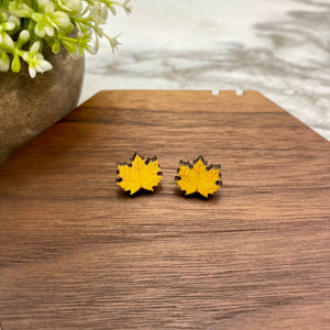 Wooden Stud Earrings - Fall - Yellow Leaf