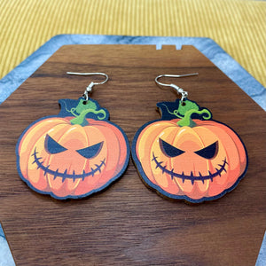 Wooden Dangle Earrings - Pumpkin Face Halloween