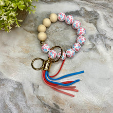 Load image into Gallery viewer, Wood Bracelet with Tassel Keychain - Coral Blue Floral
