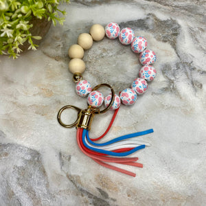 Wood Bracelet with Tassel Keychain - Coral Blue Floral