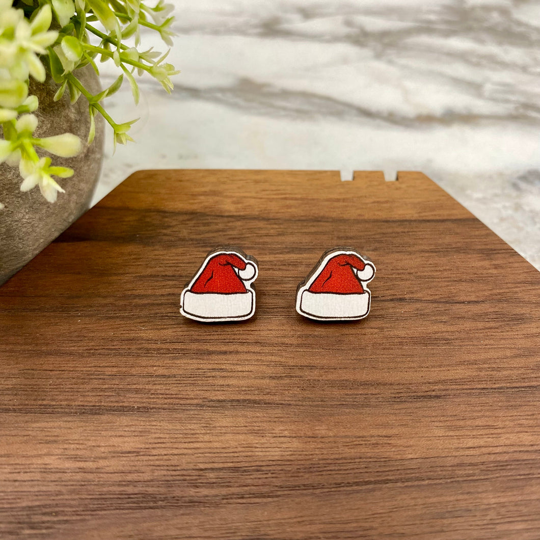 Wooden Stud Earrings - Christmas - Santa Hat