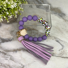 Load image into Gallery viewer, Silicone/Wood Bracelet Keychain - Purple Colorful Animal Print
