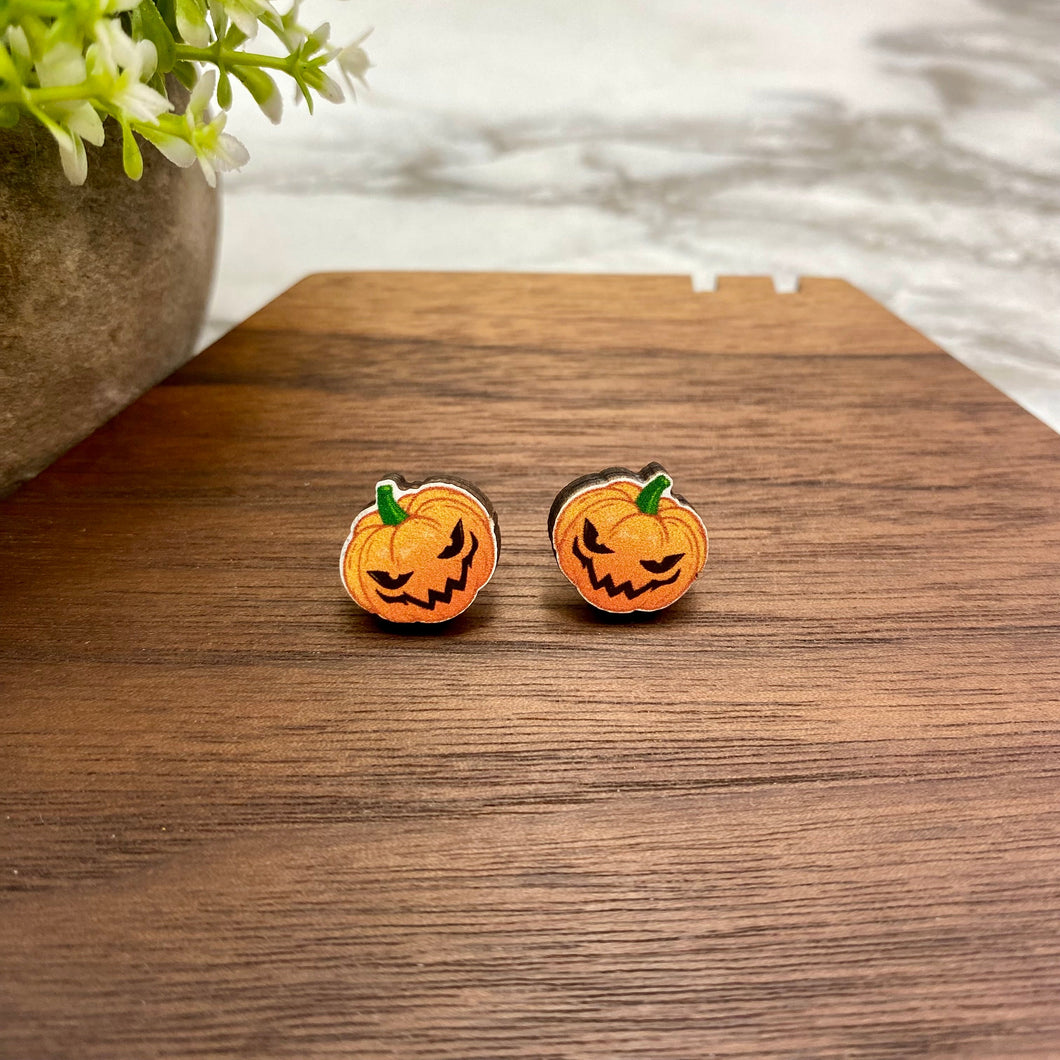 Wooden Stud Earrings - Halloween - Evil Pumpkin