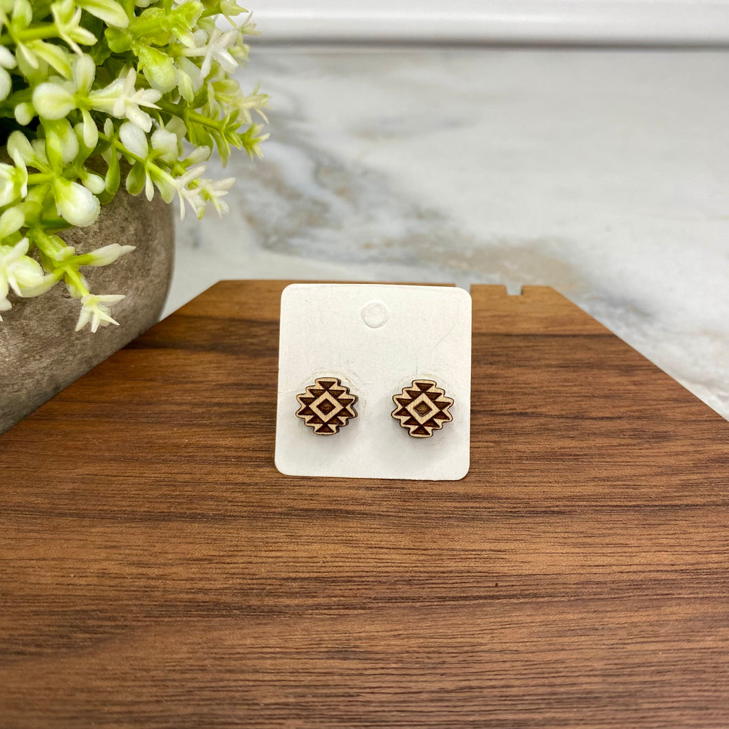 Wooden Stud Earrings - Aztec