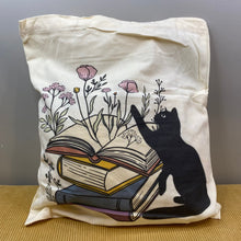 Load image into Gallery viewer, Tote Bag - Cat 6 - Books &amp; Flowers
