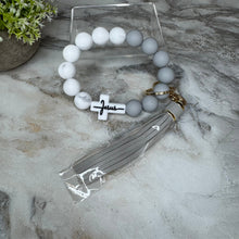 Load image into Gallery viewer, Silicone Bracelet Keychain - Religious, Jesus, White &amp; Grey
