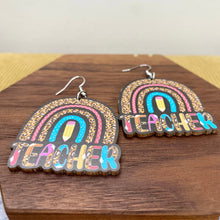 Load image into Gallery viewer, Wooden Dangle Earrings - Teacher - Rainbow
