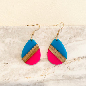 Dangle Earring - Wood & Acrylic - Blue & Hot Pink