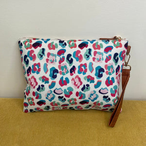 Clutch - Oversized Canvas & Faux Leather - Pink Blue Black Leopard