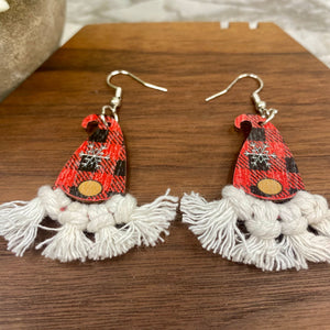 Wooden Dangle Earrings - Christmas Gnome Macrame Beard