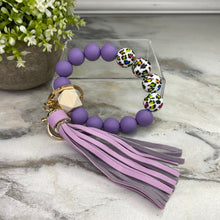 Load image into Gallery viewer, Silicone/Wood Bracelet Keychain - Purple Colorful Animal Print
