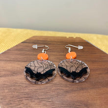 Load image into Gallery viewer, Dangle Earring - Acrylic - 3D Bat Clear Web Background Halloween
