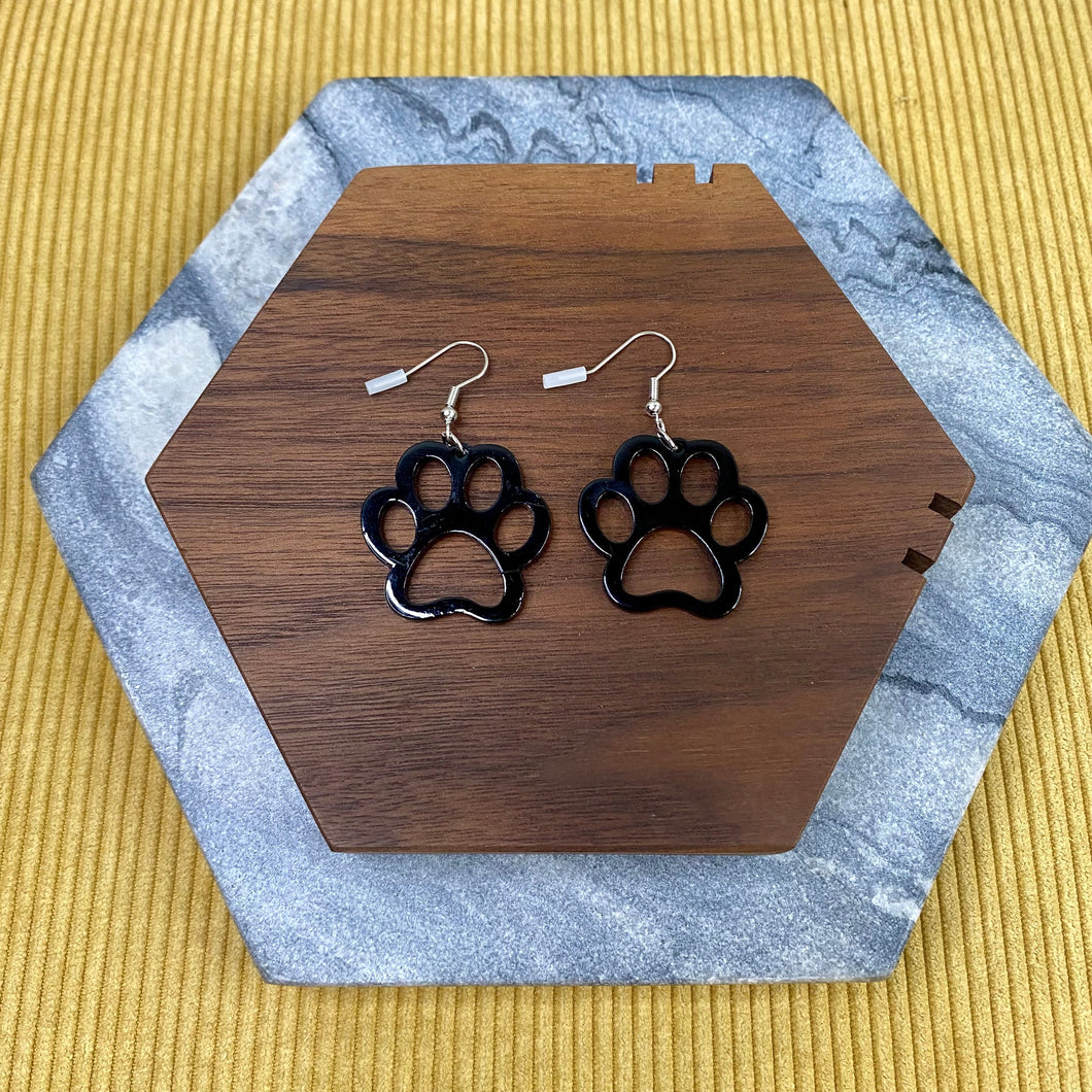 Acrylic Dangle Cutout Earrings - Black Paw Print