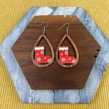 Load image into Gallery viewer, Wooden Teardrop Cutout Earrings - Christmas - Stocking
