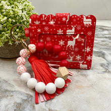 Load image into Gallery viewer, Silicone Bracelet Keychain with Scalloped Card Holder - Christmas - Red Reindeer Snowflake
