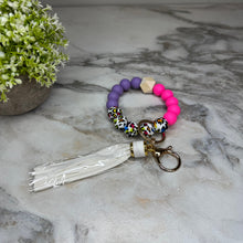 Load image into Gallery viewer, Silicone Bracelet Keychain - Animal Print Pink &amp; Purple
