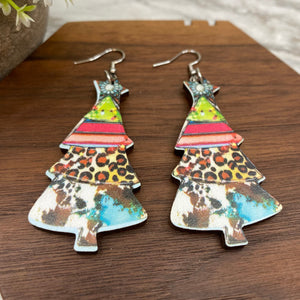 Wooden Dangle Earrings - Christmas - Multi-Print Tree