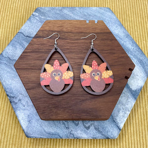 Wooden Dangle Earrings - Fall - Turkey Cutout Teardrop