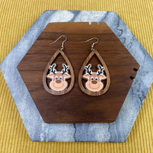 Load image into Gallery viewer, Wooden Teardrop Cutout Earrings - Christmas - Reindeer
