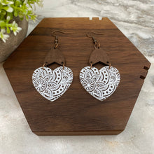 Load image into Gallery viewer, Acrylic &amp; Wood Dangle Earrings - Clear Filigree Heart
