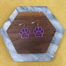 Load image into Gallery viewer, Acrylic Dangle Cutout Earrings - Purple Paw Print
