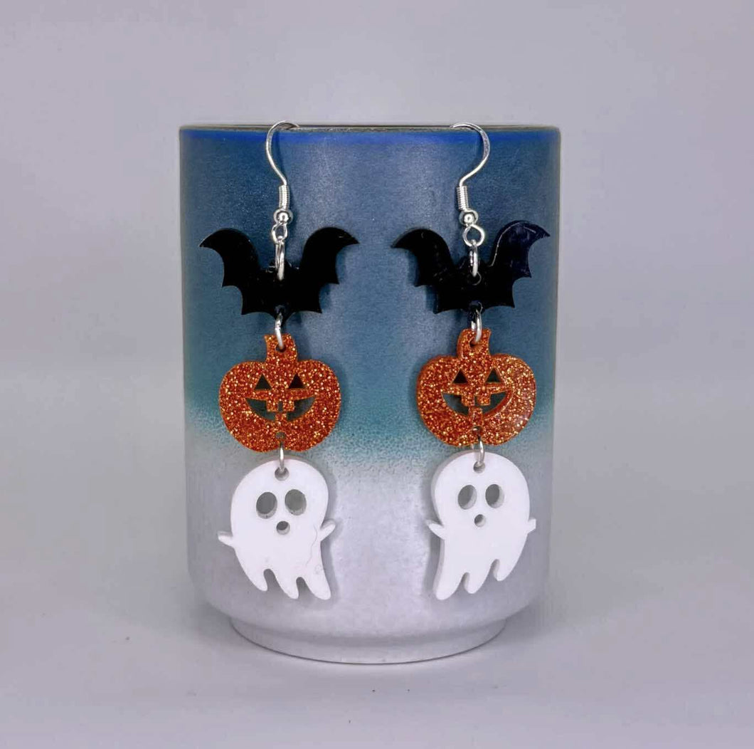 Dangle Earrings - Halloween Fall - Bat Pumpkin Ghost - PREORDER Ends 10/2