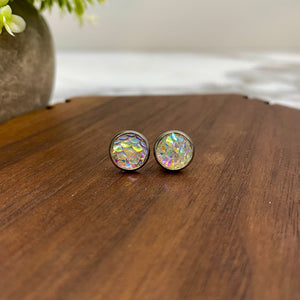 Druzy Stud Earrings - Mermaid 8mm - Clear Holographic