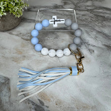 Load image into Gallery viewer, Silicone Bracelet Keychain - Religious, Jesus, White &amp; Blue
