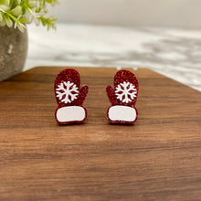 Load image into Gallery viewer, Acrylic Stud Earrings - Christmas - Red Glitter Gloves
