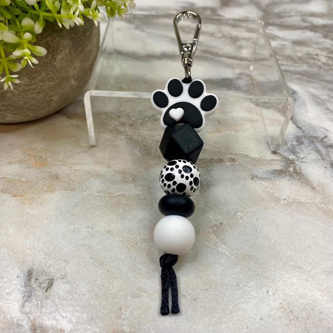 Keychain - Silicone & Wood Bead - Black & White Paw