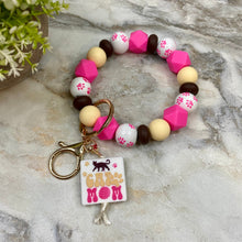 Load image into Gallery viewer, Wood &amp; Silicone Bracelet Keychain - Cat Mom Pink Cream
