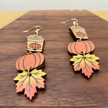 Load image into Gallery viewer, Wooden Dangle Earrings - Fall - Cup Pumpkin Leaf
