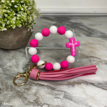 Load image into Gallery viewer, Silicone Bracelet Keychain - Jesus, White &amp; Pink
