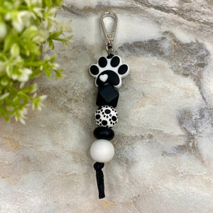 Keychain - Silicone & Wood Bead - Black & White Paw