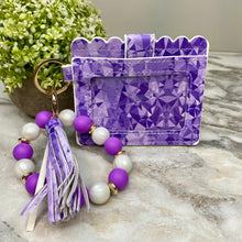 Load image into Gallery viewer, Silicone Bracelet Keychain with Scalloped Card Holder - Purple Geometric
