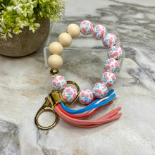 Load image into Gallery viewer, Wood Bracelet with Tassel Keychain - Coral Blue Floral
