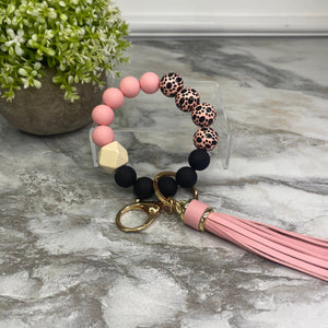 Silicone/Wood Bracelet Keychain - Paw - Pink