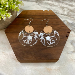 Acrylic & Wood Dangle Earrings - Clear Floral