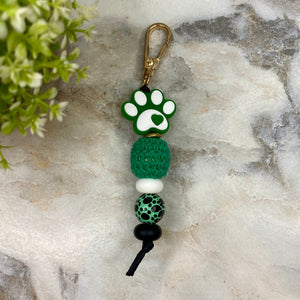 Keychain - Silicone & Wood Bead - Green Paw