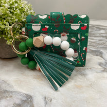 Load image into Gallery viewer, Silicone Bracelet Keychain with Scalloped Card Holder - Christmas - Green Holly Candy Cane
