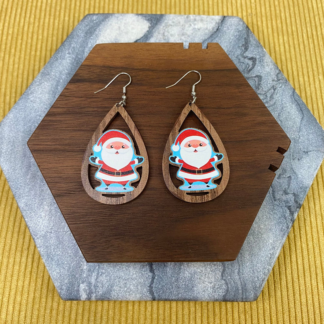 Wooden Teardrop Cutout Earrings - Christmas - Santa