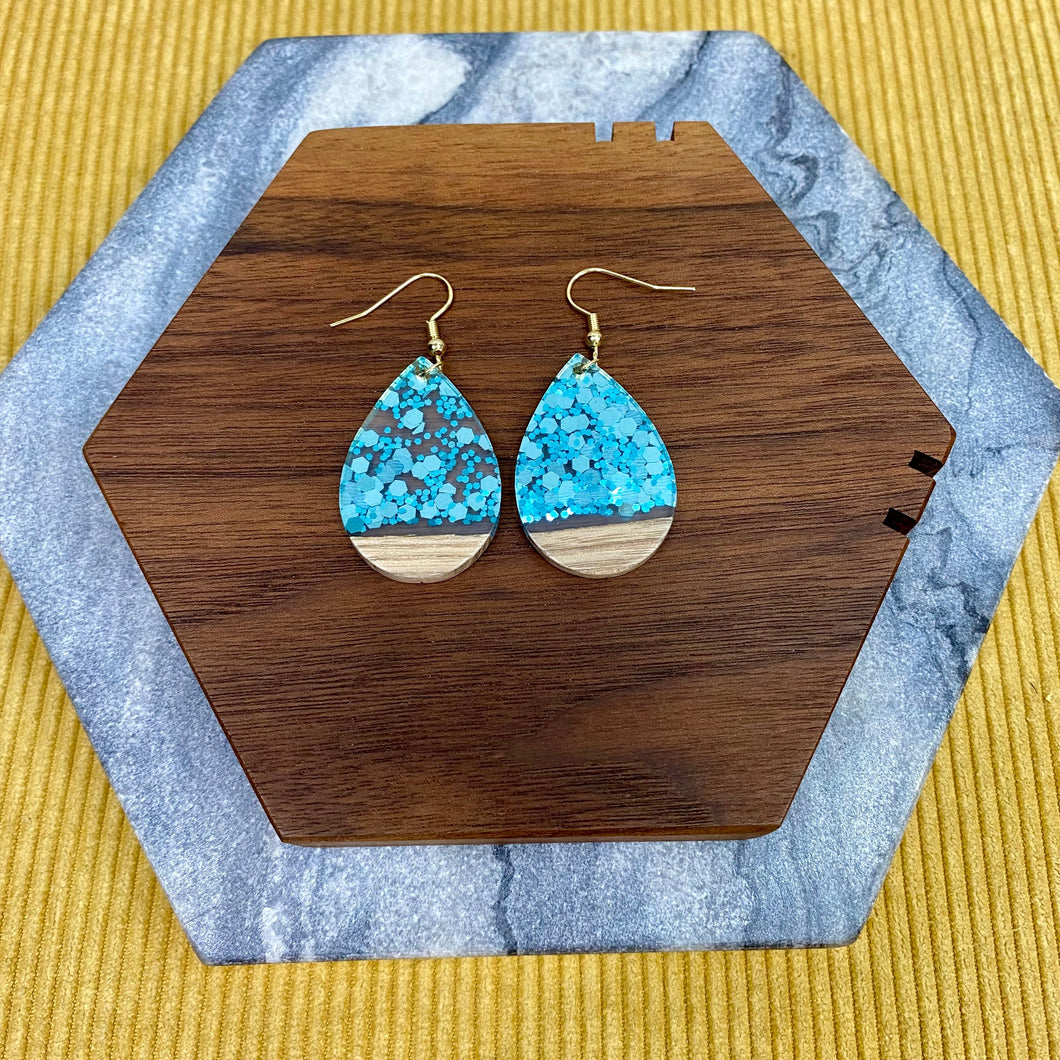 Dangle Earring - Wood & Acrylic - Clear Blue Confetti