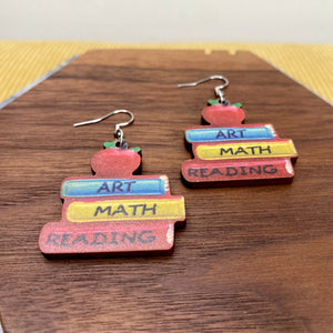 Wooden Dangle Earrings - Teacher - Art Math Reading Books