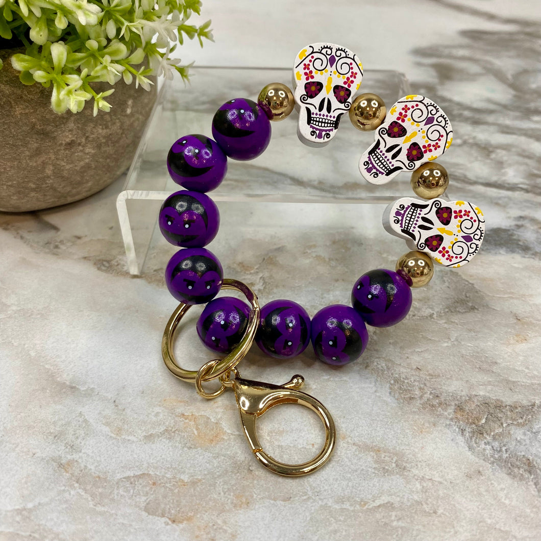 Wood Bracelet Keychain - Halloween - Purple Skull Dracula