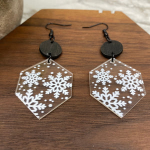 Acrylic & Wood Dangle Earrings - Christmas Clear Hexagon Snowflake