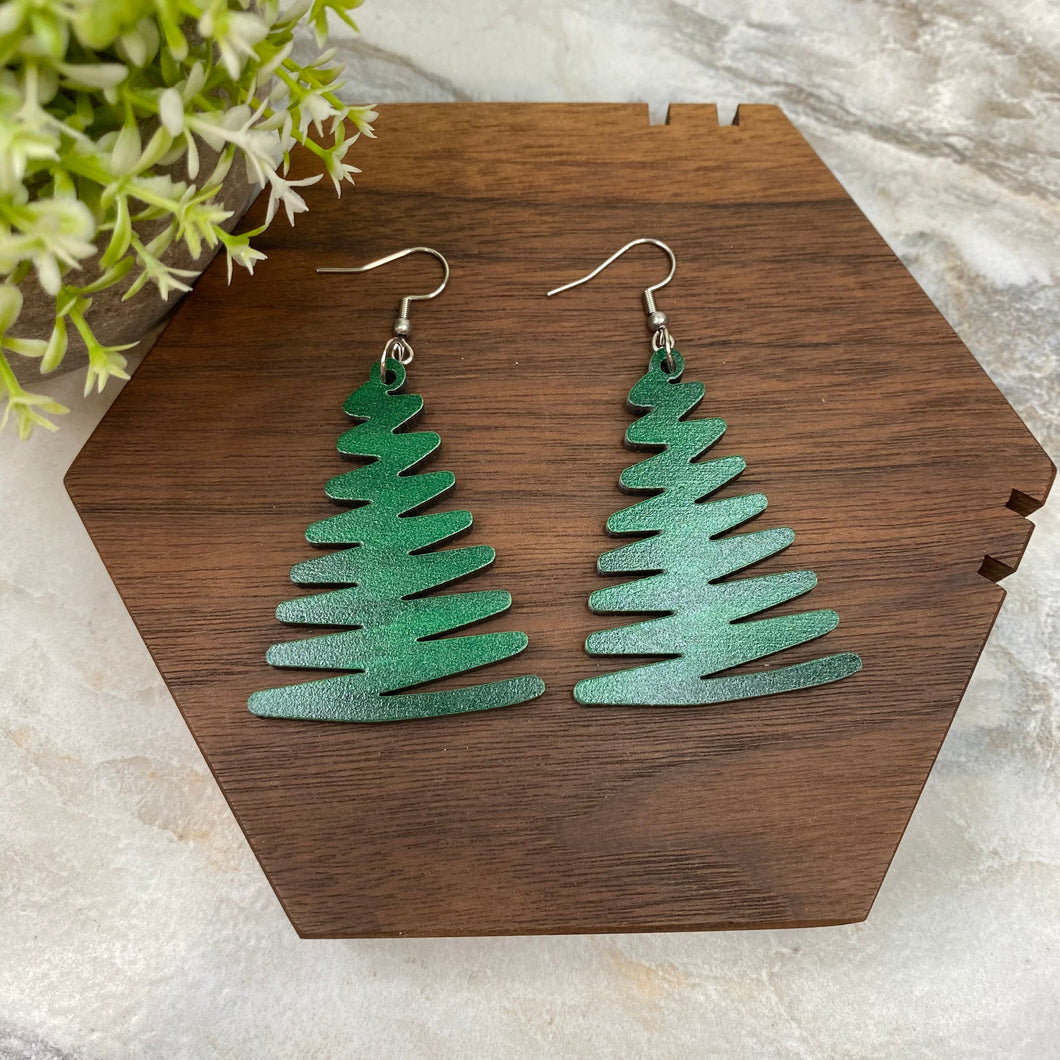 Wooden Dangle Earrings - Christmas - Dark Green Tree