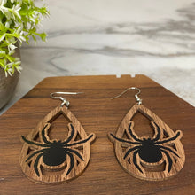 Load image into Gallery viewer, Wooden Dangle Earrings - Halloween - Cutout Spiders
