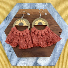 Load image into Gallery viewer, Wood &amp; Macrame Earrings - Half Sunflower
