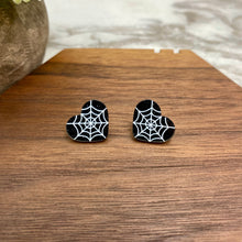 Load image into Gallery viewer, Acrylic Stud Earrings - Halloween - Spider Web Hearts
