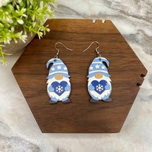 Load image into Gallery viewer, Wooden Dangle Earrings - Winter - Gnome Blue Heart Snowflake
